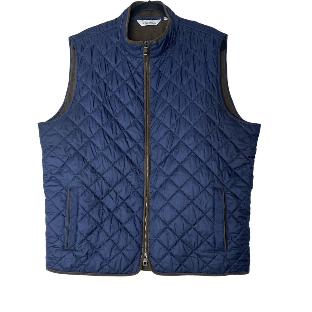 Peter Millar Crown Essex Quilted Vest Mens XL Navy Blue Suede Trim Golf Full Zip